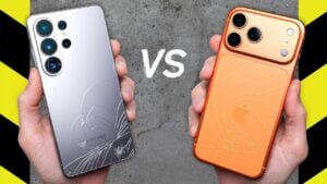 iPhone 17 Pro Max rear panel with chipped glass, while camera lenses remain intact after testing.