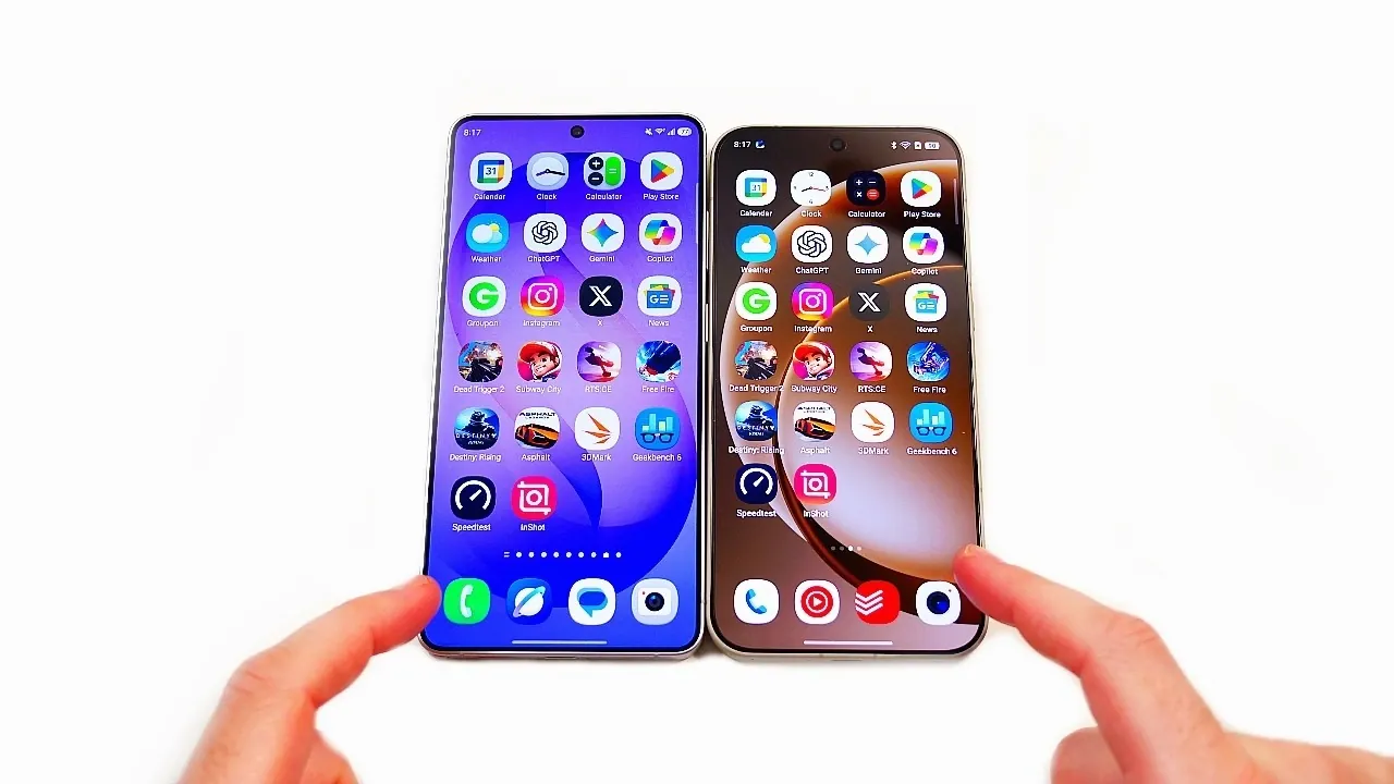Benchmark results screen shows Snapdragon 8 Elite Gen 5 scores for both phones in a performance comparison view.