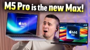 GPU benchmark results highlighting ray tracing and gaming gains on M5 Pro versus M4 Pro across several titles.