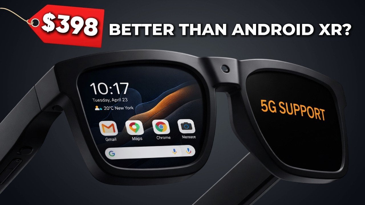 Rokid AR Spatial Bundle pictured with trackpad controls, streaming apps, and a 50-degree field of view.