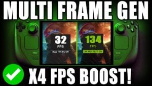 Plug-in settings page listing FSR4 and other upscalers, plus ghosting mitigation and dynamic frame generation toggles.