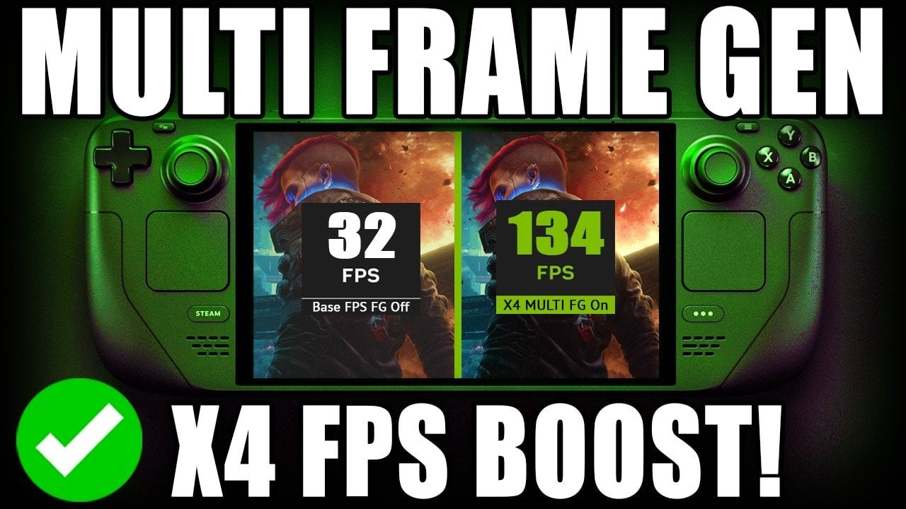 Plug-in settings page listing FSR4 and other upscalers, plus ghosting mitigation and dynamic frame generation toggles.