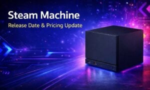 Side-by-side console comparison mockup showing a Steam Machine concept beside rumored 2027 Xbox specs like 40GB RAM.