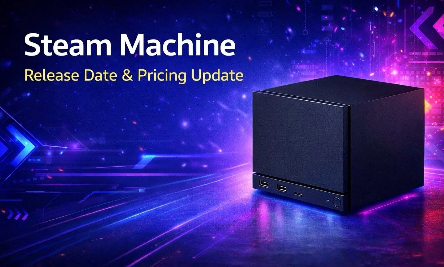 Side-by-side console comparison mockup showing a Steam Machine concept beside rumored 2027 Xbox specs like 40GB RAM.