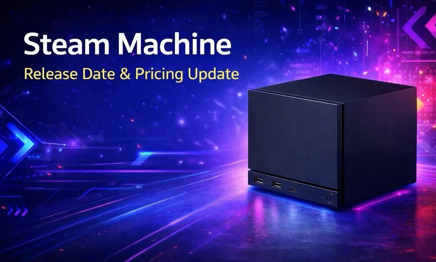 Side-by-side console comparison mockup showing a Steam Machine concept beside rumored 2027 Xbox specs like 40GB RAM.