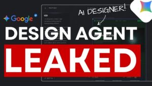 Leaked Google Stitch interface showing a 3D workspace with layered UI panels and a floating AI agent widget.