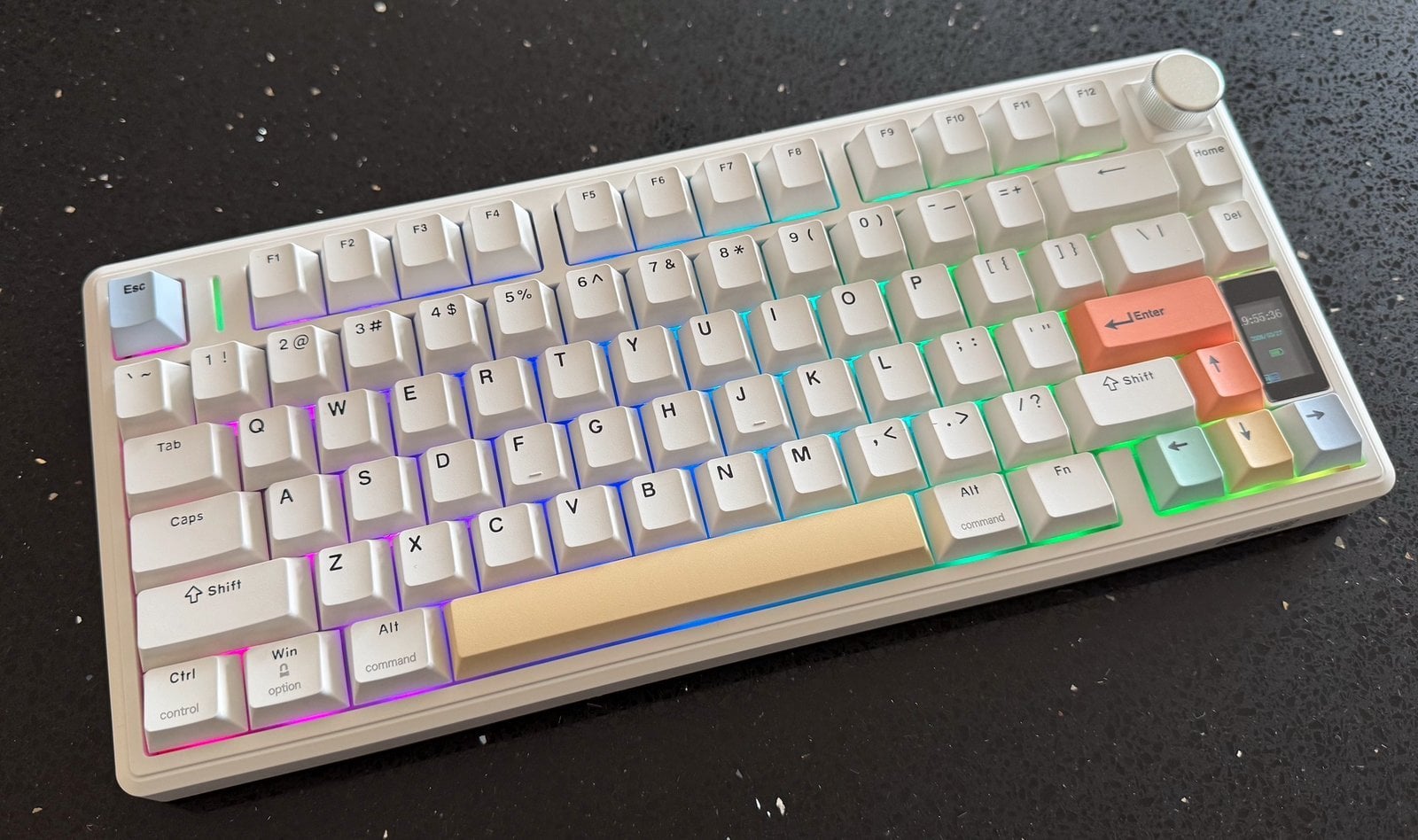 Epomaker TH80 V2 Pro on a desk showing the 75% layout with function row and top-right knob.