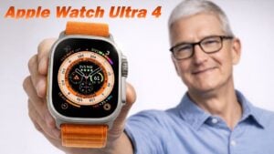 Illustration of satellite emergency messaging on Apple Watch Ultra 4, with an option hinting at music streaming.