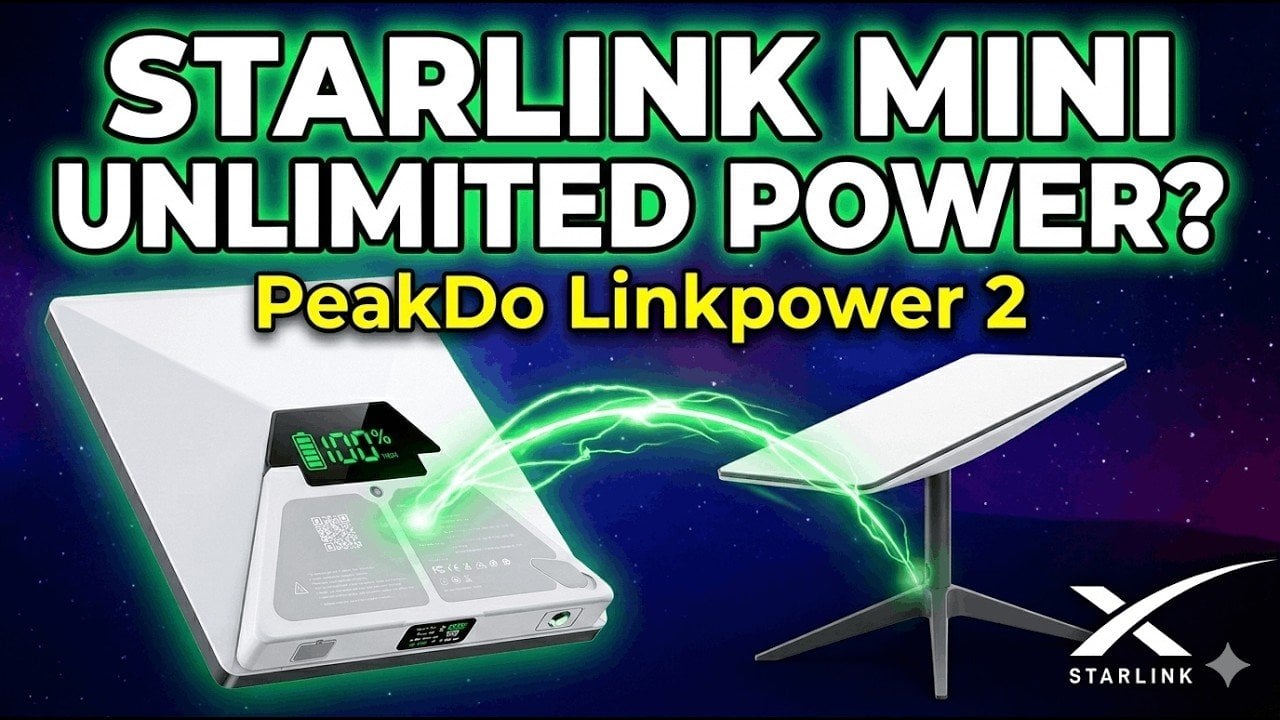 PeakDo LinkPower 2 battery pack connected to Starlink Mini, showing a 5-hour runtime estimate on the display.