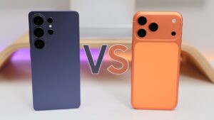 iPhone 17 Pro Max and Galaxy S26 Ultra shown together, highlighting size, curved edges, and button placement differences.