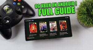 X1 Box emulator running on an Android phone, showing the main menu and game list selection screen.