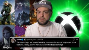 Graphic illustrating Xbox feature rollout claims alongside community comments questioning the two-week timeline.