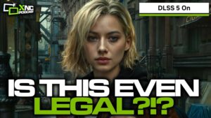 Side-by-side game scene showing NVIDIA DLSS 5 improving lighting detail and facial features on a high-end PC.
