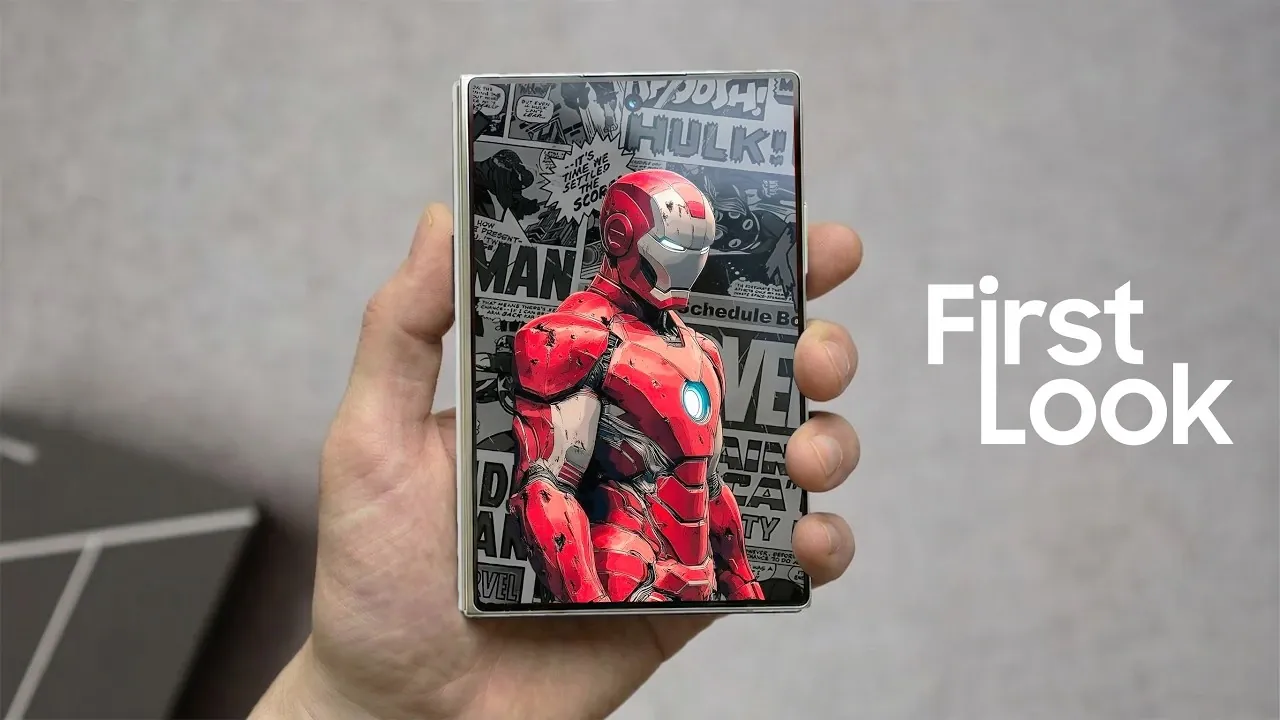 Samsung Galaxy Z Fold 8 Wide shown open and closed, highlighting its wider, shorter shape and hinge design.