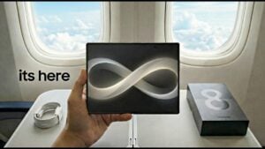 Samsung Galaxy Z Fold 8 Wide shown open, highlighting the wider inner screen built for video and reading.