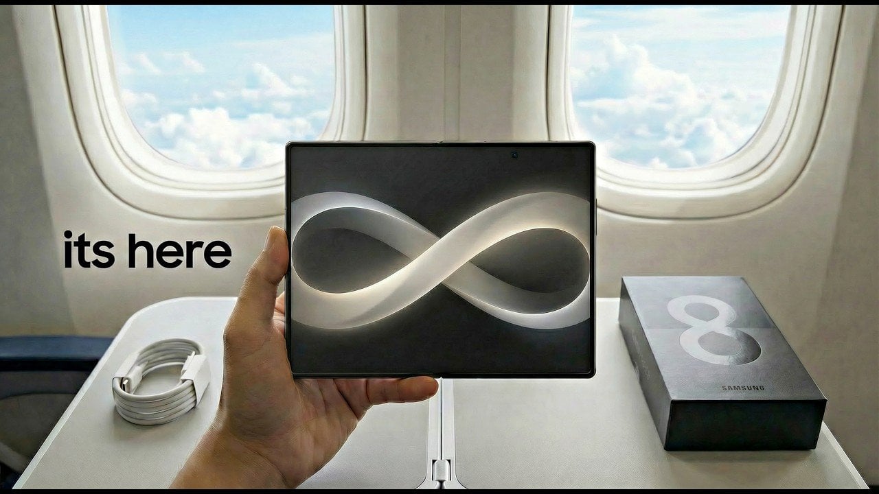 Samsung Galaxy Z Fold 8 Wide shown open, highlighting the wider inner screen built for video and reading.