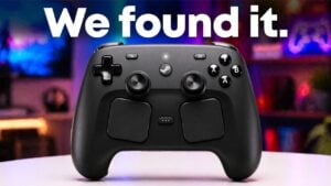 Leaked design of the new Valve Steam Controller resting on its wireless charging puck.