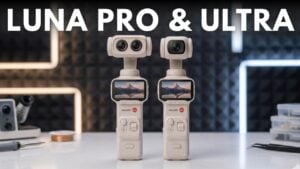 Vlogger recording video outdoors using the Insta360 Luna Pro and paired wireless microphone.