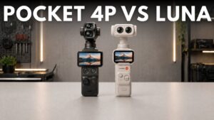 Vlogger recording video outdoors using the Insta360 Luna Ultra and wireless microphone.