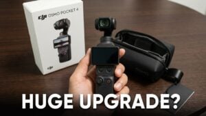 Vlogger demonstrating hands-free gesture controls with the DJI Osmo Pocket 4 on a mini tripod