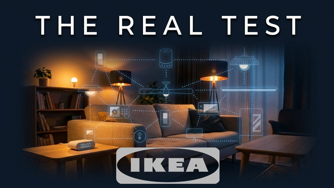 IKEA smart home ecosystem devices arranged on a table for review