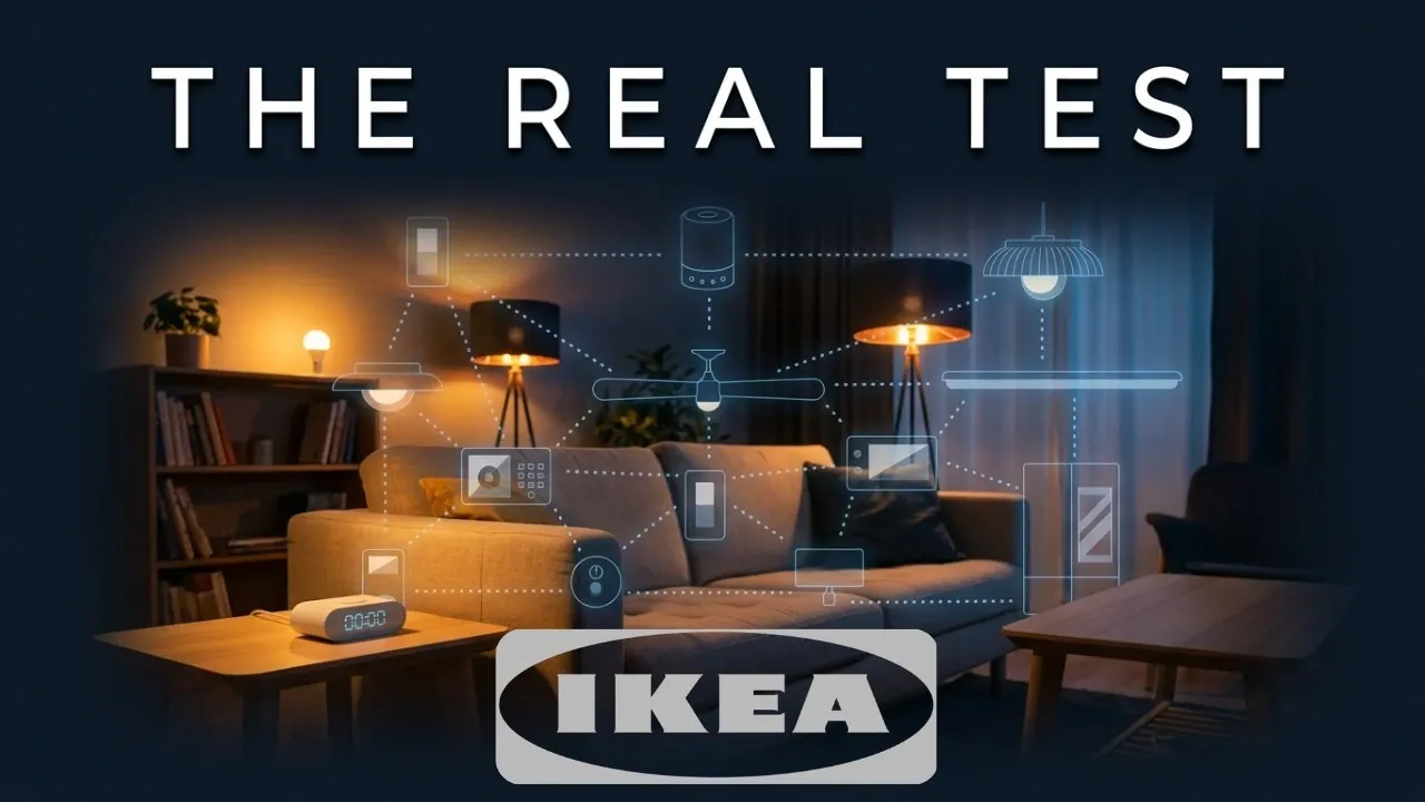 IKEA smart home ecosystem devices arranged on a table for review
