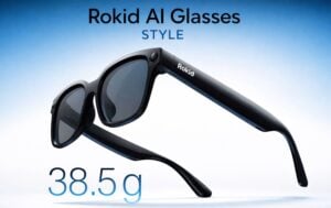 Person wearing lightweight Rokid AI glasses demonstrating the real-time language translation feature
