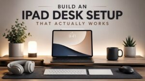 Professional workspace featuring an M-series iPad as the primary computer