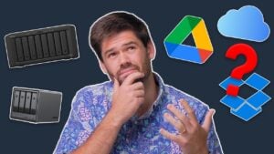 Video editor working on a laptop connected to a local Network Attached Storage device
