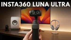 Insta360 Luna Ultra dual-camera system next to a DJI compact camera.