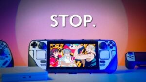 Steam Deck OLED and Nintendo Switch 2 resting on a desk to compare size and design