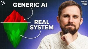 Comparison showing generic AI text next to personalized marketing copy generated using context files.