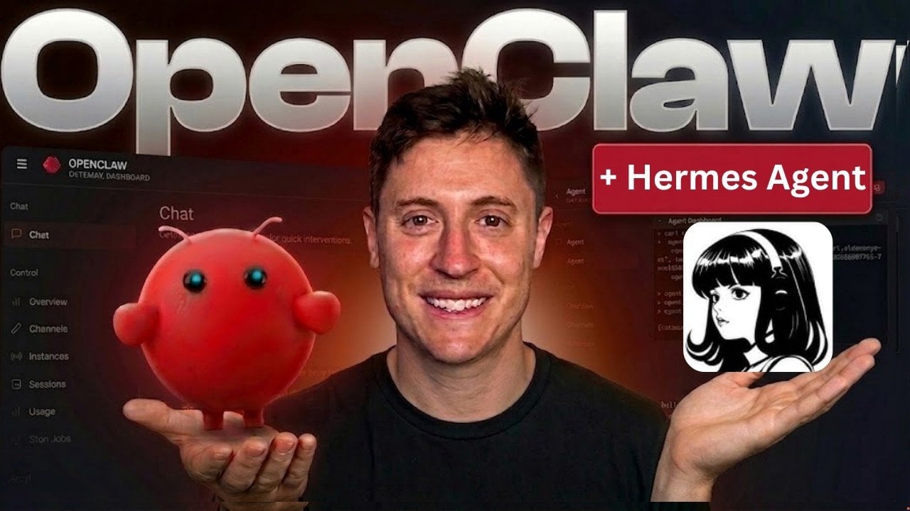 Diagram showing OpenClaw and Hermes AI agents collaborating on a shared workflow