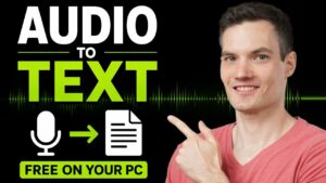 Audio waveform graphic transitioning into written text on a computer screen