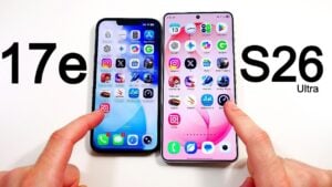 Display scroll comparison showing 60Hz motion on iPhone 17e beside smoother high refresh rate on Galaxy S26 Ultra.
