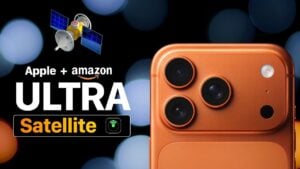 Illustration showing Amazon acquiring Globalstar and linking its satellite network to Apple iPhone services for SOS.