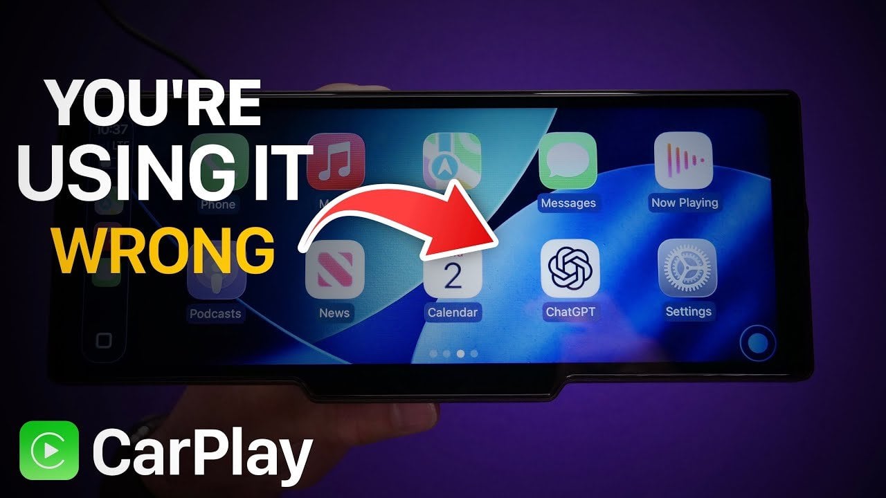 Car dashboard shows Apple CarPlay 2026 widget stacks with weather, music controls, and smart rotate suggestions.