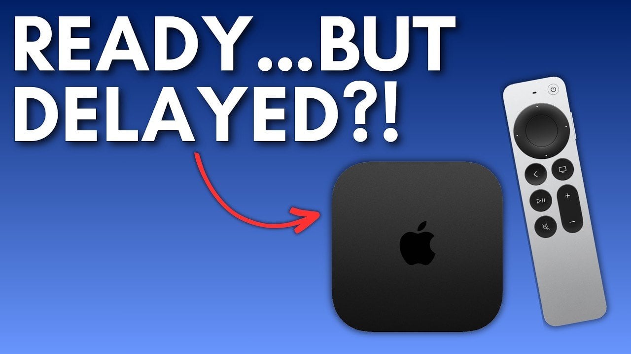Apple TV 4K on a media console, highlighting a rumored delay tied to Apple Intelligence Siri timing.