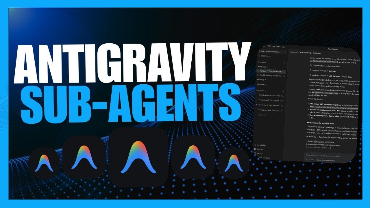 Diagram of Arcade.dev MCP runtime connecting Antigravity agents to Gmail, Slack, Google Docs, and APIs securely.