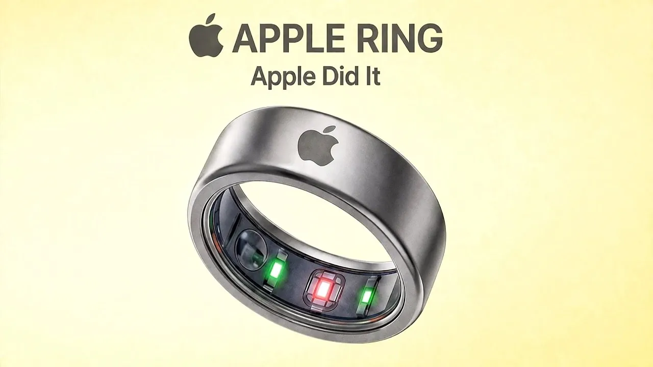 Illustration of a ring sending control signals to an iPhone, Mac, and AirPods over a nearby wireless link.