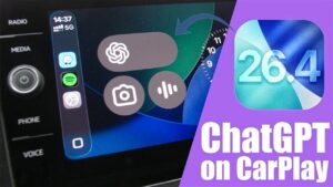iPhone Settings open to CarPlay menu, showing where ChatGPT can be added after updating to iOS 26.4.