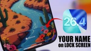 Lock Screen customization screen highlighting widget options used to show the iPhone name on iOS 26.4.