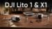Battery comparison for DJI Lito X1 showing standard 30-minute flights and a larger 50-minute option.