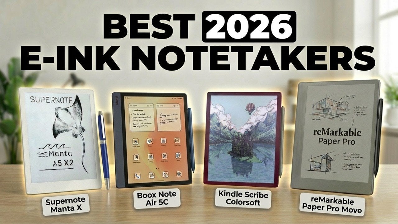A lineup of 2026 e-ink notetakers showing different sizes, from compact models to large screens for PDFs.