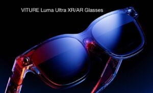 Simulated view of multiple virtual desktop screens displayed through VITURE AR glasses
