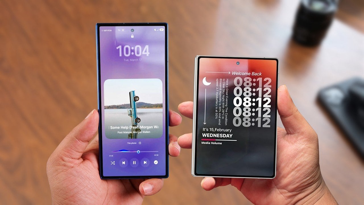 Two Samsung Galaxy Z Fold 8 models shown side by side, highlighting different screen widths and overall shape.