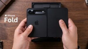Side view of a foldable iPhone concept showing a thin hinge and the reported 9.2 mm folded thickness.