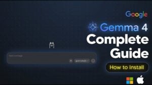 Terminal window showing Ollama commands to pull and run Gemma 4 locally on a desktop computer.