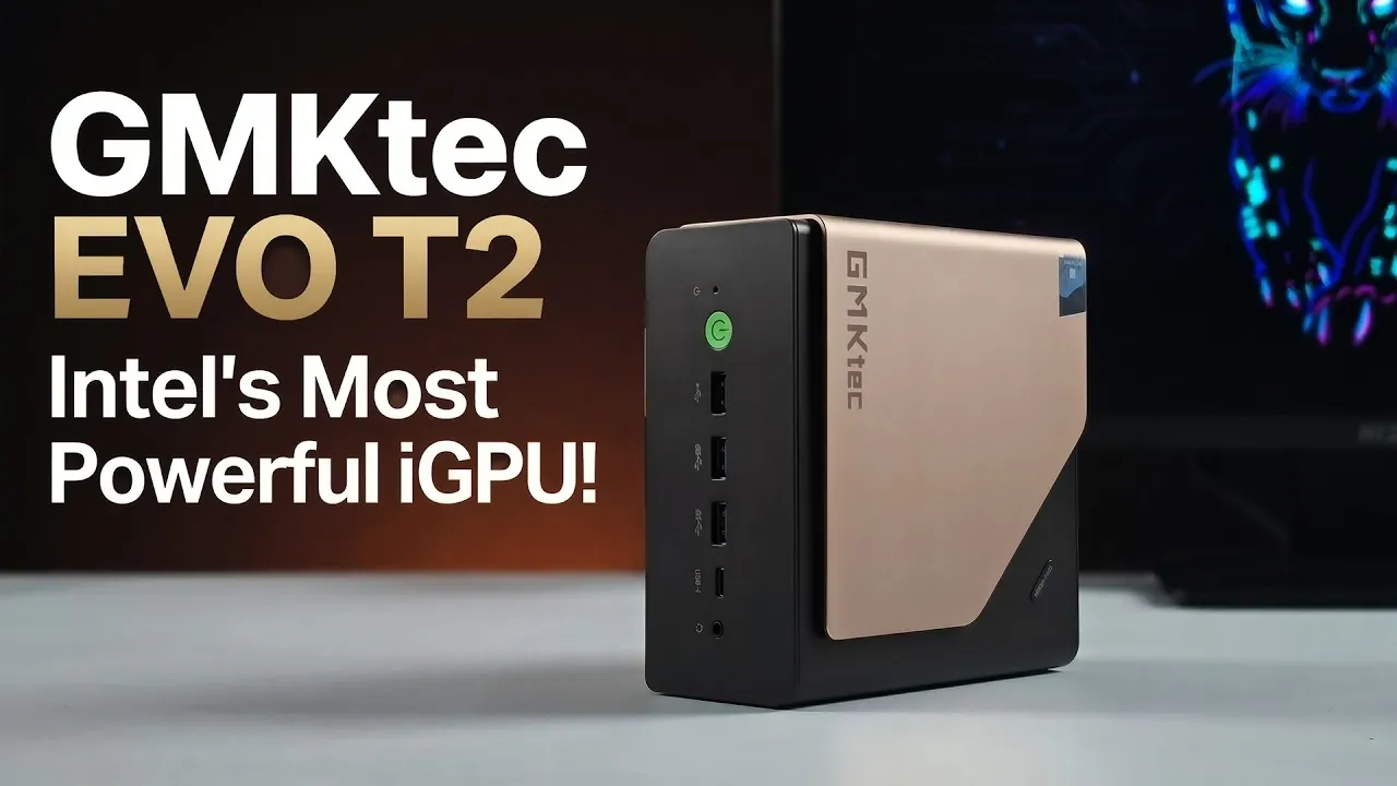 Gold aluminum GMKtec EVO T2 mini PC displaying its compact form factor