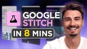 Infinite canvas view in Google Stitch with multiple website sections being rearranged and edited in real time.